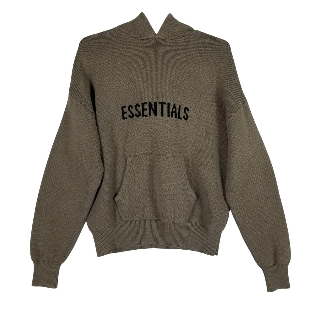 Fear of God Essentials Knit Hoodie Mens Size M Olive Taupe Logo Streetwear